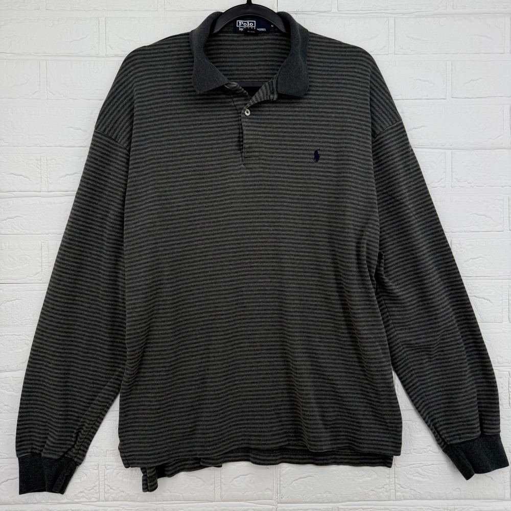 Polo Ralph Lauren Long Sleeve Polo Men Size M Grey Striped Casual Preppy